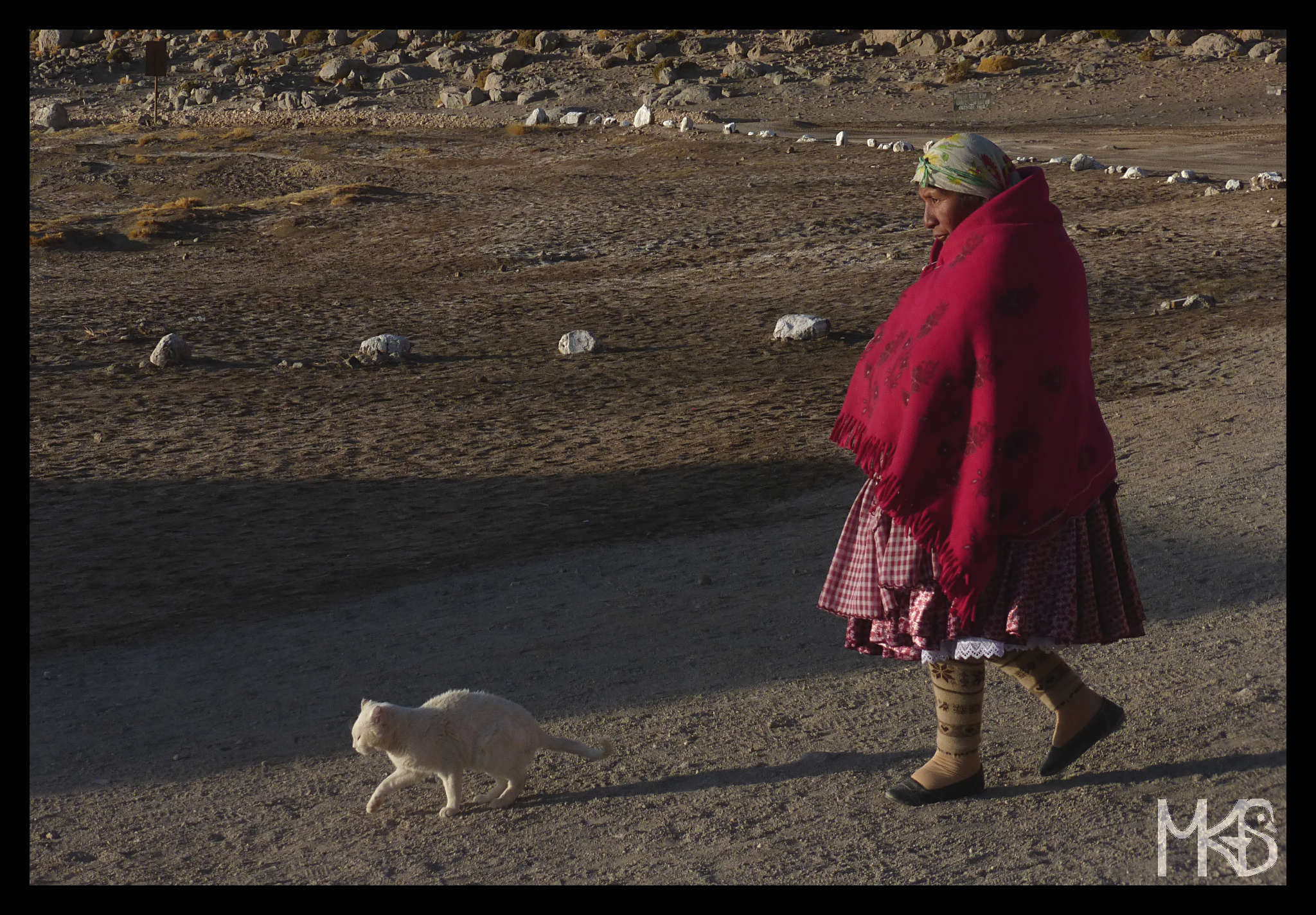 Woman and a cat, Salar de Uyuni, Bolivia